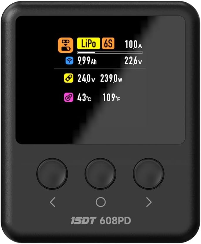 ISDT 608PD Lipo Akku Ladegerät DC 6S/240W/10A USB C 100W/5A für RC-Akkus Balance Ladegerät für Life/Lilon/LiPo/LiHV (1-6S),NiMH(1-16S),Pb (1-12S) Batterien