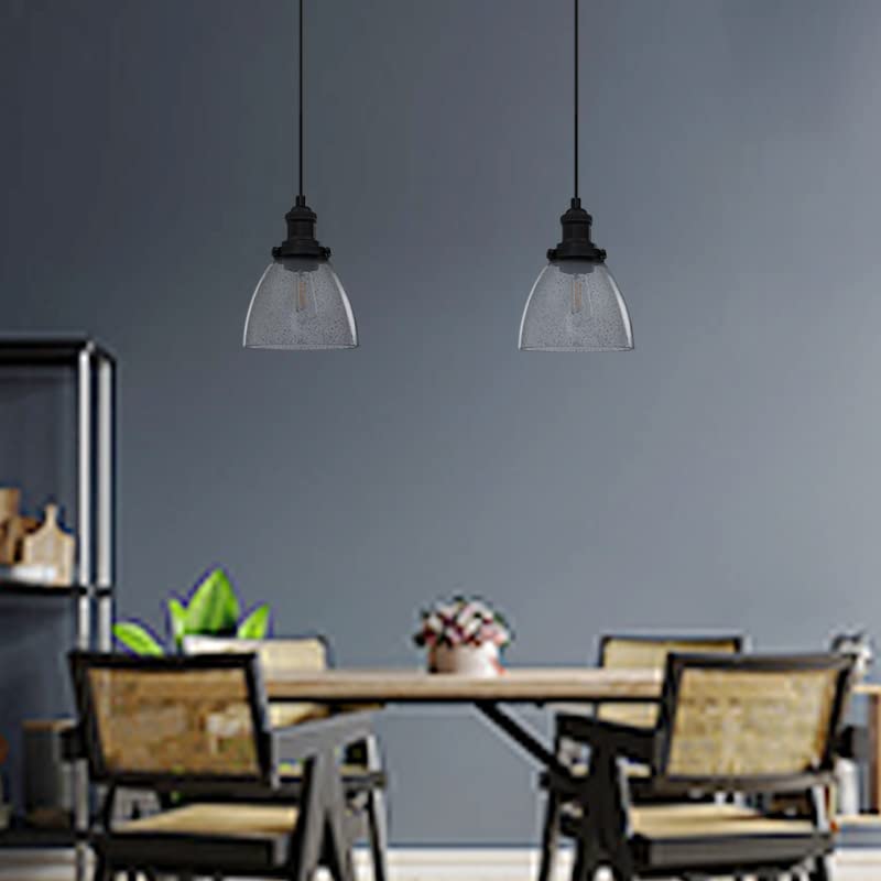 Dolaimi House Industrial Modern 2 Pack 1 Light Hanging Pendant Light 6.5 Inch Grey Glass Shade Fixture Black Finish Adjustable Cord for Kitchen Island Dining Room Over Sink Bedside