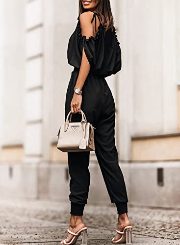 Dokotoo Jumpsuit For Womens Dressy Casual One Piece Long Romper Elastic Waist Cold Shoulder With Pockets Outfits For Spring,Black Small #TOP1