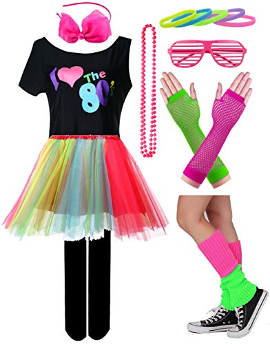 Image of Kid Girl I Love 80s T-Shirt 1980s Star Sequin Tutu Skirt with Neon Necklace Bow Headband Hair Clip Set (7 /8, Style 1-Colorful)