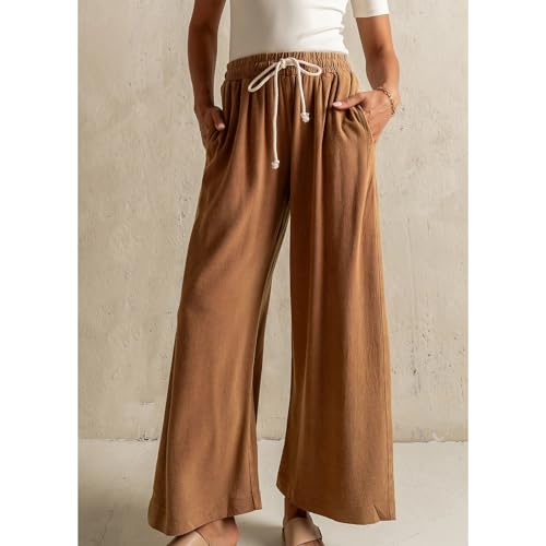 Songling Linen Pants Women Casual Palazzo Drawstring Elastic Waist Flowy Pants Wide Leg Summer Beach Trousers with Pockets3