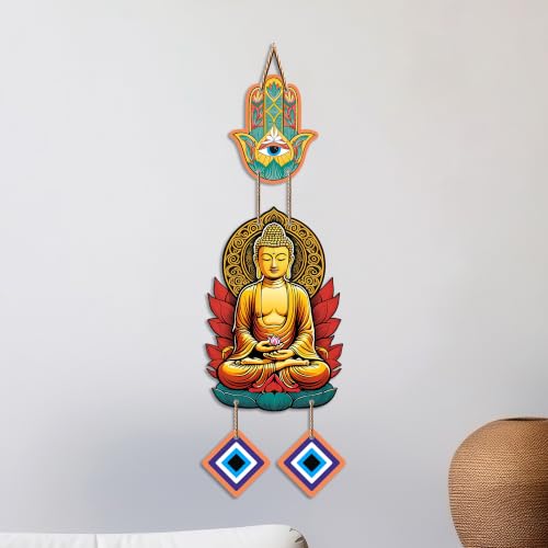 Image of Artvibes Golden Buddha Wall Hanging with Hamsa Hand and Evil Eye Charms | Spiritual Protection Decor for Home | Meditation | Yoga Spaces & Entryway | Positive Energy Wall Art Gift (WH 8594N)