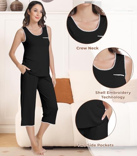 Image of NACHILA Women's Pajamas Set-Viscose Made From Bamboo, Sleeveless Pj Tank Top Capri Pants Soft Sleepwear Cooling Sleep Sets