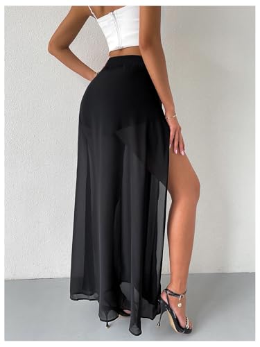 GORGLITTER Women's Mesh Sheer Ruffle Long Maxi Skirt See Through High Slit Coquette Skirts3