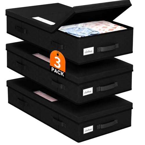 Image of StoreHappily Under Bed Storage Containers with Lids - 3 Pack, Foldable and Stackable Clothes Storage Bags with Clear Window, 3-Sided Handles and Label Slot for Clothing, Blankets, Pillows (Black)