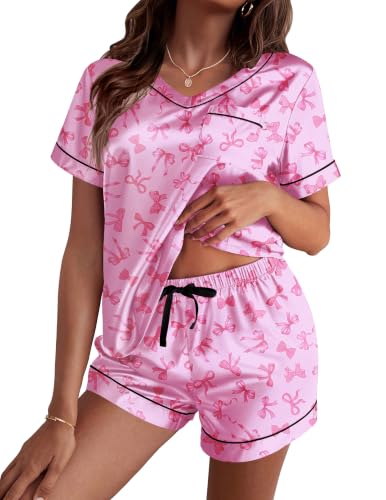 Image of Ekouaer Silk Pajama for Women Short Sleeve Satin Pj Set Two Piece Soft Sleepwear Loungewear S-XXL