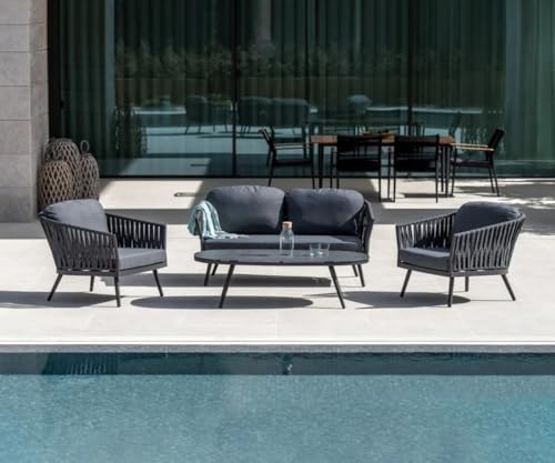 Image of Patio Furniture Set, 4 Pieces Porch Backyard Garden Outdoor Furniture Rope Sofa Set and Wooden Top Table Conversation Set in (Grey Color).