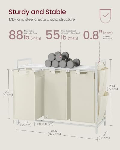 Image of VASAGLE Laundry Hamper with Shelf, 3 Pull-Out Bags, 3 x 10.6 Gallons (40 L)