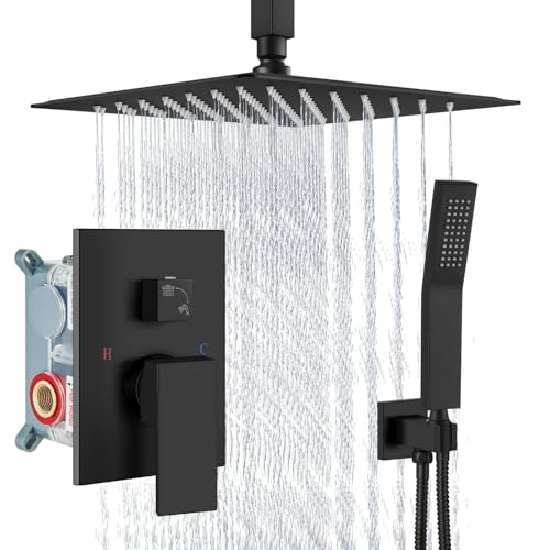 Aolemi Ceiling Mount Shower System Rain Shower Head with Handheld Spray High Pressure Shower Faucet Set Rough-in Valve Shower Trim Kit Included Bathroom Matte Black 12 Inch Ceiling Shower Head