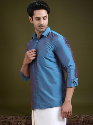 Image of Tattva Men Silk Blend Ethnic Shirt | Traditional South Indian Wear for Wedding, Festivals & Casual Wear