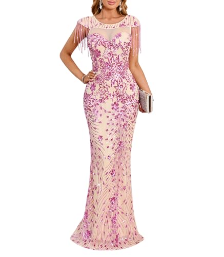 Image of Cololura Women Sexy Sequin Mesh Perspective Bodycon Party Cocktail Evening Gown Maxi Dress