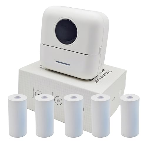 Image of Mini Portable Printer Inkless Sticker with 5 Rolls Paper Bluetooth Mini Smart Pocket Portable Receipt Printer Inkless Thermal Printer for iOS&Android White