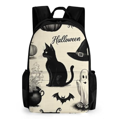 Daypack Bookbag Anti-Theft Multipurpose Large Capacity Bookbag - Halloween Decorations Black Cat Pumpkin Skull Party Pattern Travel Hiking & Camping Rucksack With Adjustable Shoulder Straps