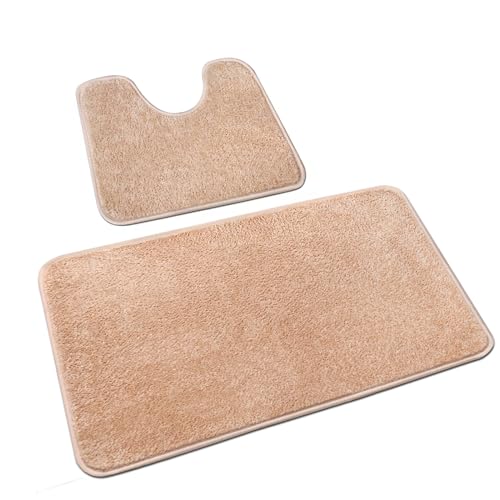 Rururug Badezimmerteppich Set 2 Teilig, Weiche Mikrofaser Badezimmermatte und wc Vorleger mit Ausschnitt, rutschfeste Badematte Beige, Waschbar Badvorleger Set, 50x80+50x40 cm