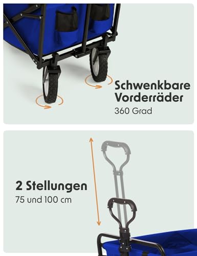 LifeGoods Bollerwagen Faltbar - Faltbarer Bollerwagen - Handwagen Klapbarr - Gartenwagen - Transportwagen - Strandwagen - Strand - Klappbarer – 360 Grad Drehbare Vollgummireifen - 94L– 98x45cm - Blau – Bild 5