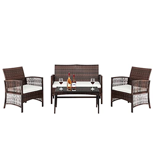 Juego de 4 piezas para exteriores, 1 asiento doble, 2 asientos individuales, 1 mesa de café, reposabrazos de punto hueco, muebles degradados marrones