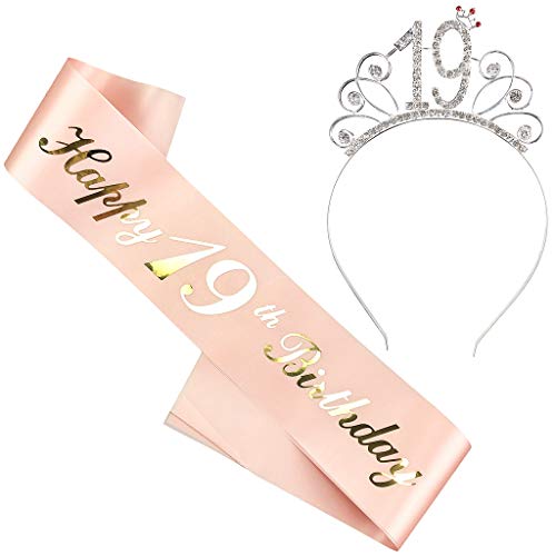 Ouceanwin Geburtstagskrone Schärpe Junggesellinnenabschied Set, Kristall Tiara Krone Haarreif Stirnband mit Schärpe aus Satin für 19 Geburtstag Mädchen Kinder Deko Accessoires Geschenk