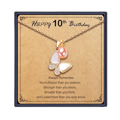 Butterfly Necklace as 10 Year Old Girl Birthday Gift Valentines Day Gifts for Girls Daughter Granddaughter,Pink Pearl Necklace 10th Birthday Gifts for Girls with Message Card and Box