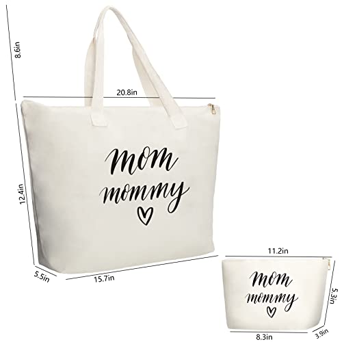 Mom Canvas Tote Bag With Zipper, Mommy Bag With Makeup Bag For Hospital, Shopping, Beach, Travel,Great Gifts For Mom, New Mom,Mom To Be On Mothers Day,Baby Shower,Birthday #TOP2