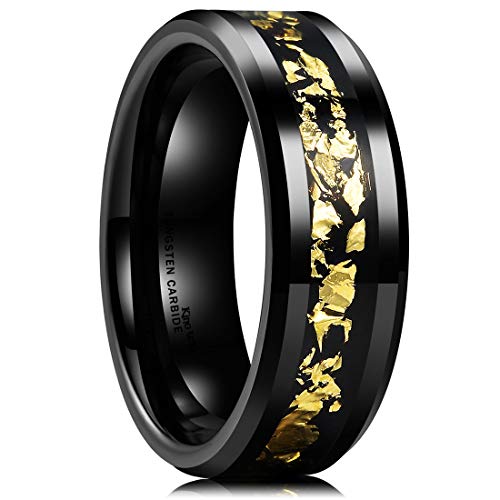 King Will Nature Mens 8mm Black Tungsten Carbide Wedding Ring with Black and Gold Foils Inlay Beveled Edge 6.5