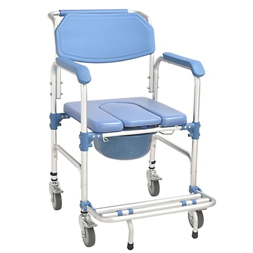 Toilettenstuhl mit Rollen Duschstuhl mit Toilette für Senioren Fahrbarer Toilettenrollstuhl mit Armlehne Rückenlehne und Toiletteneimer bis 150kg Duschstuhl mit Rollen für Behinderte