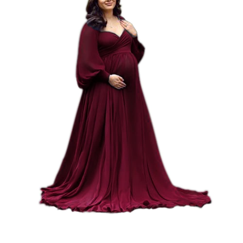 Sayno Women's Burgundy Off Shoulder Elegant Fitted Maxi Maternity Dress For Photoshoot Baby Shower Uk18