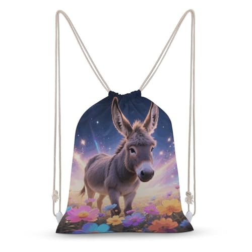 Donkey in Magic Blooms Drawstring Backpack - Canvas Sports Gym Sackpack, Lightweight String Bag for Beach & Travel