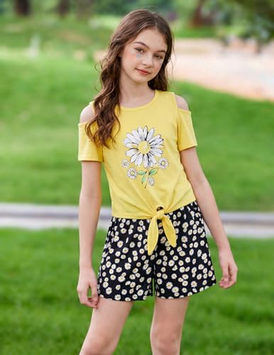 Image of Arshiner Girls Short Sets 2 Pieces Outfits Short Sleeve Tie Knot T-Shirts and Casual Shorts With Pockets Cute Clothes Sets