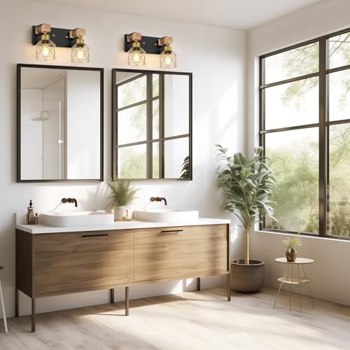 Image of FadimiKoo Rustic Style Wood Bathroom Wall Sconces, 2-Light Black Gold Bathroom Vanity Light Fixtures with Metal Shade, Light Fixtures Wall Mount for Living Room, Hallway, Dressing Table