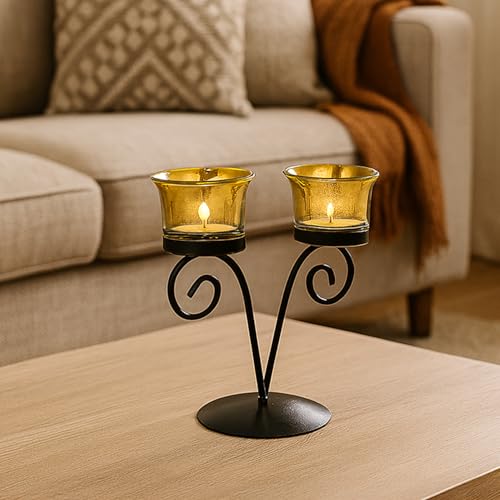 Image of MARKET 99 Metal+Glass 2 Votive T- Light Holder | Elegant Home Decor for Diwali, Christmas, Birthday, and Wedding | Decorative Candle Holder for Ideal for Festive & Ambient Lighting | Black & Golden