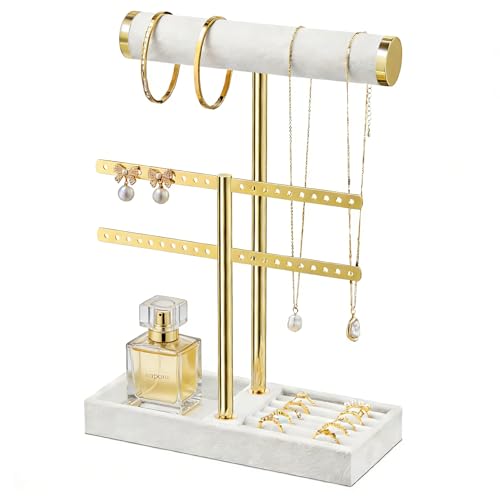 Josmimic Schmuck Organizer mit 2 Ebenen - Schmuckständer Armbänder Weiß Abnehmbarer T-Steg Schmuck Ständer Samt-Armbandhalter Schmuckhalter für Armband Halskette Uhren Ringe
