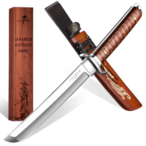 Purple Dragon Japanese Fixed Blade Knife with Engraved Sheath for Belt Tanto Knife D2 Steel Samurai Knives with Wooden Handle for Camping Outdoor Mini Katana Gifts for Men