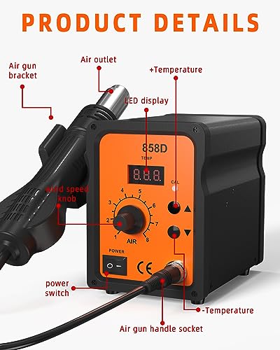 FAOKZE Hete lucht soldeerstation 700 W, 858D Hete Lucht Solderen, Hot-Air Soldering Rework Station LED Digitaal Display 100~480°C, Hete Air Recovery Station met 3 mondstukken voor BGA,SOIC, CHIP, QFP, - Afbeelding 4