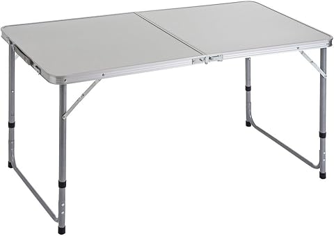 Mesa plegable camping y playa 120x60x70 cm, atura regulable 50-60-70 cm, mesa picnic portátil con asa transporte, patas plegables acero, tablero MDF aspecto madera nogal, gris, antivuelco y compacta.