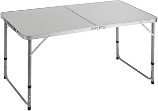 Mesa plegable camping y playa 120x60x70 cm, atura regulable 50-60-70 cm, mesa picnic portátil con asa transporte, patas plegables acero, tablero MDF aspecto madera nogal, gris, antivuelco y compacta.