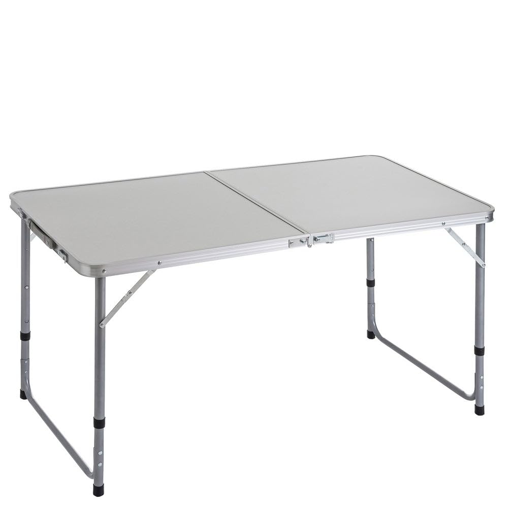 Mesa plegable camping y playa 120x60x70 cm, atura regulable 50-60-70 cm, mesa picnic portátil con asa transporte, patas plegables acero, tablero MDF aspecto madera nogal, gris, antivuelco y compacta.