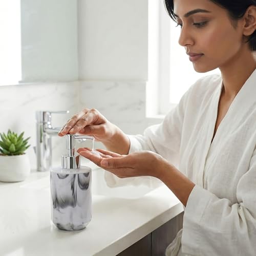 Image of Luxe Home International Marble Pattern Plastic Soap Dispenser for Bathroom and Kitchen Sink Leak Proof Liquid Hand Wash Round Bottle Lightweight Smooth Finish (17x8 cm White) Pack of 1