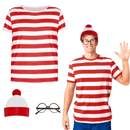 Wally Costume Cosplay Accessories Set with Red and White Striped T-Shirt Beanie Hat Black Nerd Glasses Fancy Dress for Adult World Book Day Halloween School Dress up Day