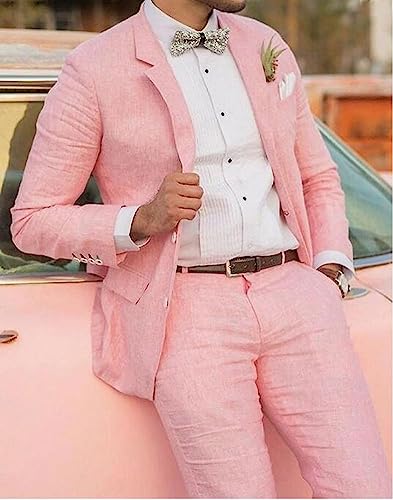 2 PC Slim Fit Mens Linen Suit Peak Lapel Jacket Pants Summer Wedding Suit Groomsmen Tuxedos2