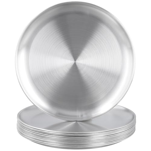 MUKSEUT Lot de 12 assiettes rondes en acier inoxydable de 26 cm pour fêtes, buffets, divertissements, steak et barbecue