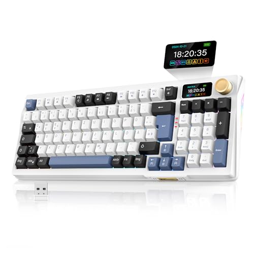 RedThunder K95 Kabellose Mechanische Gaming Tastatur mit 1,88” TFT Display & Knopf, QWERTZ 96 Tasten Gasket Creamy Keyboard, Tri-Mode-Dual-System, Hot-swap, Linear Schalter, 8000mAh, RGB, Software.