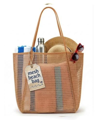 Rave Envy Beach Tote Bag for Women Tan Waterproof Mesh Tote Bag Lightweight Foldable Large Capacity Beach Bags Sandproof for Travel Pool Beach Vacation Essentials