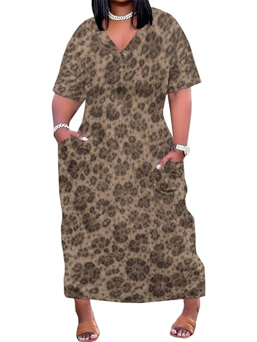 Image of SUZONANA Plus Size Denim Print Maxi Dresses for Women Casual V Neck Short Sleeve with Pockets Soft Jean Look Dress XL-6XL