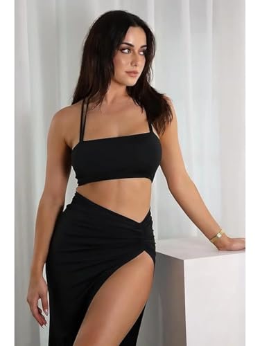 Image of GRECIILOOKS Women Two Piece Co-Ord Set | Crop Top & High Slit Maxi Skirt | Party Look Stylish Summer Co Ord Set Outfit | Figure Hugging Maxi Dress|Perfect for Casual Outings