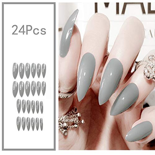Sethexy 24pcs Different Solid Color Glossy Sharp False Nails Bright Fashion Stiletto FUll Cover Long Acrylic Claw Fake Nails for Women and Girls (Gray)