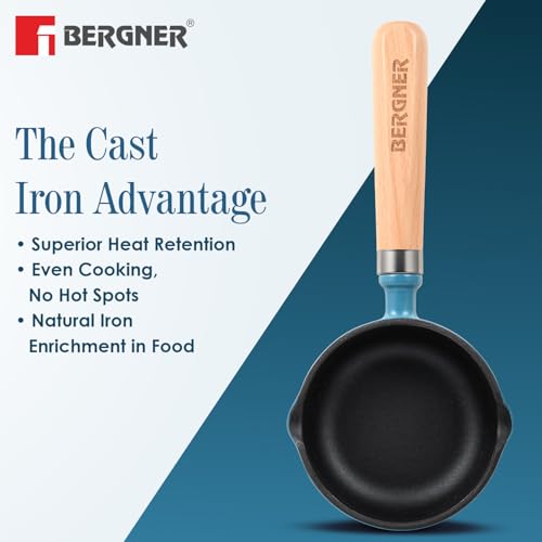 Image of BERGNER Excalibur Lightweight Cast Iron Tadka Pan with Lid 12cm, Non-Stick Vaghar Pan, PFAS Free, Perfect Heat Distribution, Elegant Design, Silicone Grips - Induction and Gas Stove Ready (Blue)