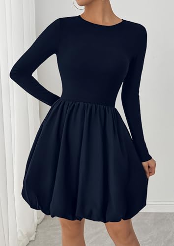 PRETTYGARDEN Fall Dresses for Women 2025 Casual Long Sleeve Bubble Cute Crew Neck A Line Mini Short Dress with Pockets4