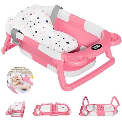 Image of Foldable Baby Bathtub with Cushion & Thermometer, Portable Travel Baby Bathtub with Drain Hole, Durable Foldable Bath Tub for Newborn Infant Baby 0-36 Months (Pink)