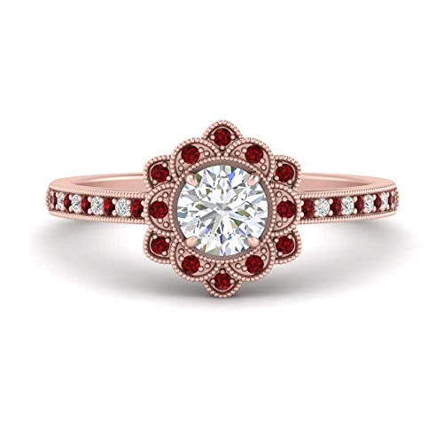 Image of 55Carat Choose Your Gemstone Milgrain Floral Halo Diamond CZ Ring Rose Gold Plated Round Shape Halo Engagement Rings Everyday Jewelry Wedding Jewelry Handmade Gifts for Wife US Size 4 to 12