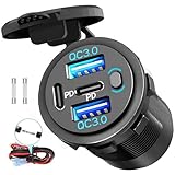 Quad-Port 12V USB Outlet with Switch & LED - 78W Dual QC3.0 & Dual PD3.0 USB C Car Charger Socket for RV Motorcycle Marine Truck Golf Cart Boat Accessories